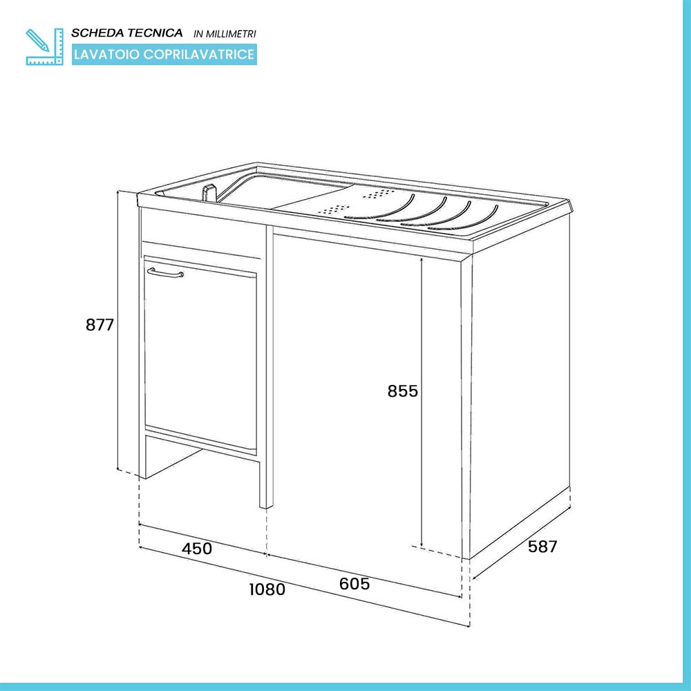 Inbagno Lavatoio e Coprilavatrice con Mobile in PVC 109x60x85 cm Bianco Vasca Sinistra