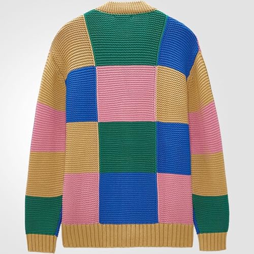 Mens Shawl Collar Color Block Sweater V Neck Button Up Knit Cardigan Vintage Knitt Patchwork Cardigans4