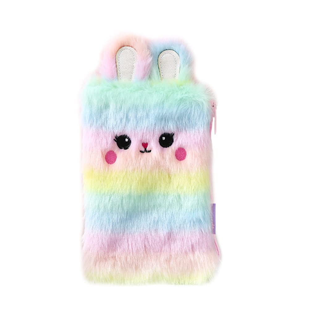 SagaSave1PCS Plush Pencil Case, Rabbit Rainbow Pencil Holder Soft Pencil Case Fluffy Pencil Bag Makeup Pouch Colored Storage Bags Large Capacity School Supplies for Kids