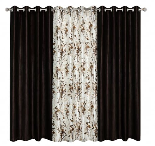 Image of 5 Feet Polyester Floral Light Filtering Window Curtains for Bedroom, Living Room & Hall, Eyelet Top, Coffee Print & Solid Plain Curtain Set of 3