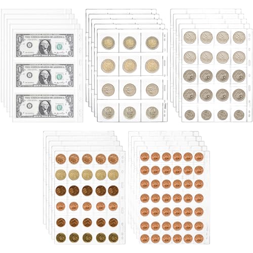 Jucoan 25 Sheet Coin Collection Pages, Total 535 Pockets 5 Sizes Coin Pages Currency Page, Standard 9 Holes Coin Binder Insert Sleeves For Coin Album cover
