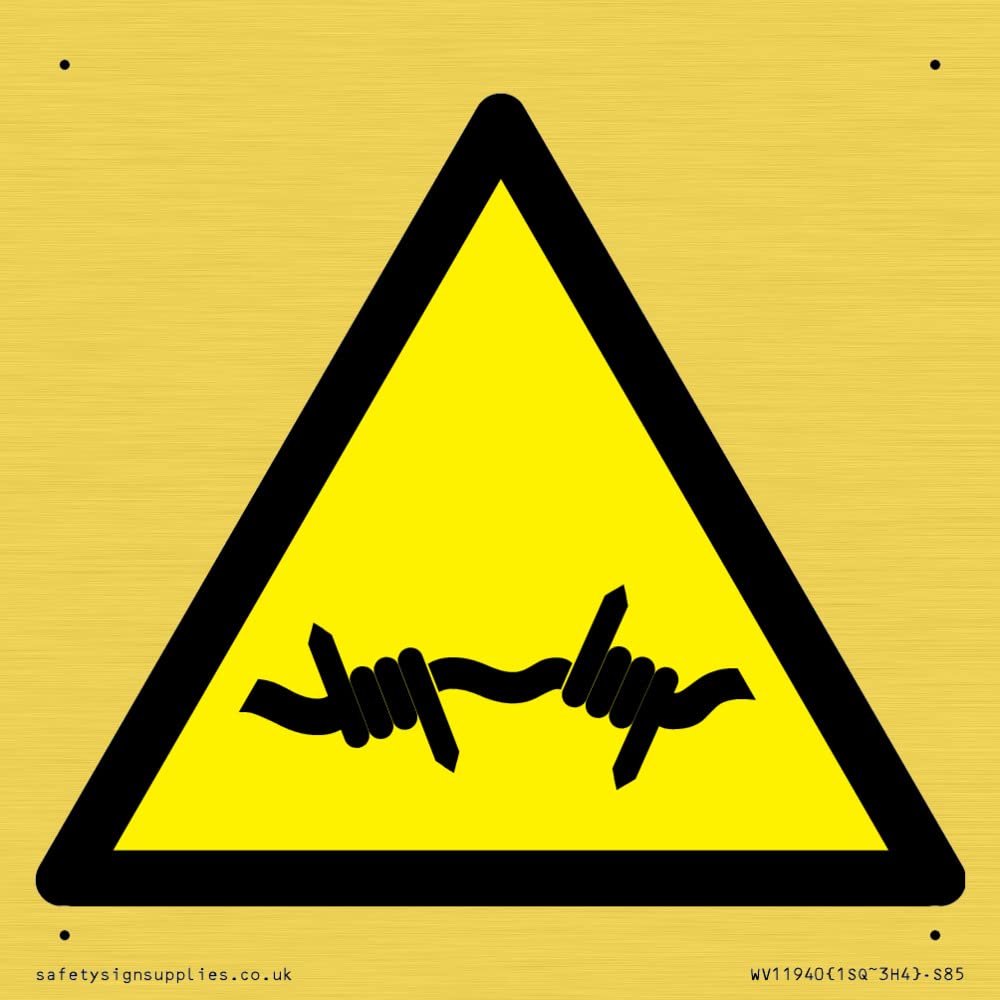 W033 Warning: Barbed wire Sign - 85x85mm - S85