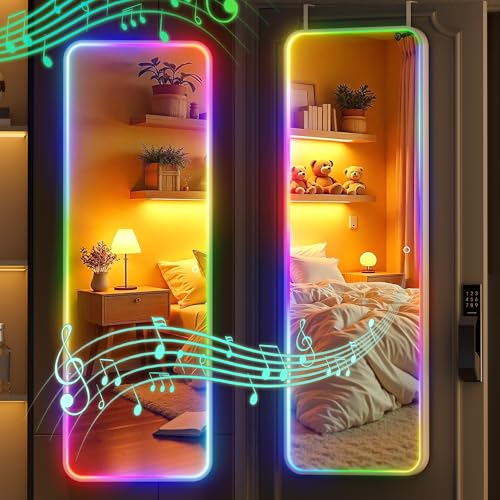 Hasipu 47'x16' LED RGB Door Mirror Full Length with Bluetooth Speaker, Full Body Wall Mirror with Lights, Door Hanging & Wall Mounted Mirror for Bedroom, Living Room, Cloakroom