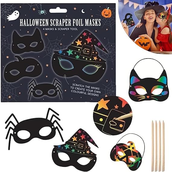4x Halloween Pumpkin, Bat, Witch and Spider Pattern Mask for Kids and Adults Halloween Scraper Foil Masks