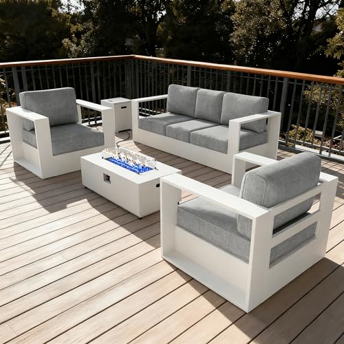Image of LayinSun Oversized Aluminum Outdoor Furniture Set, 4 Piece Patio Sofa Sets with Fire Pit Table, Deep Seating and Upgraded 6-inch Cushions for Porch, Balcony, Deck