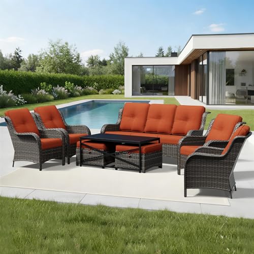 Image of Joyside 8 Piece Wicker Patio Furniture Set, Rattan Patio Chairs with High Back, Deep Seating, Wide Armrest, Thickened Cushions, Outdoor Furniture for Deck, Porch Use