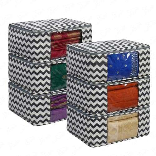Image of Lukzer Non-Woven Zigzag Printed Saree Covers for Storage with Transparent Window & Zip - Large Set of 06 | Cloth Storage /Wardrobe Organizer for Woman Clothes /Lehengas /Dresses 45x33x20CM - (LSC-02-06)