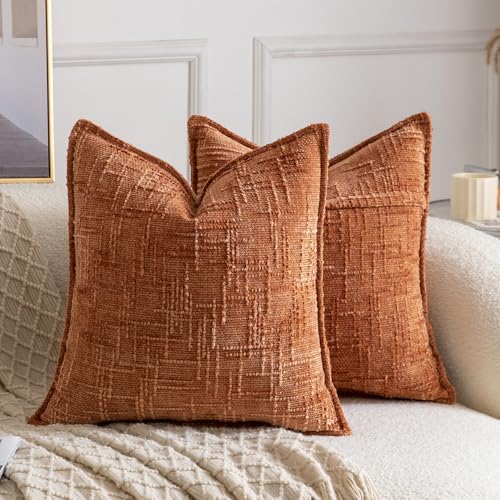 Image of MADIZZ Pack of 2 Chenille Throw Pillow Covers 16x16 Inch Rust Soft Neutral Decorative Throw Pillows for Couch Sofa Boho Accent Cushion Covers Modern Farmhouse Home Decor for Bedroom Living Room