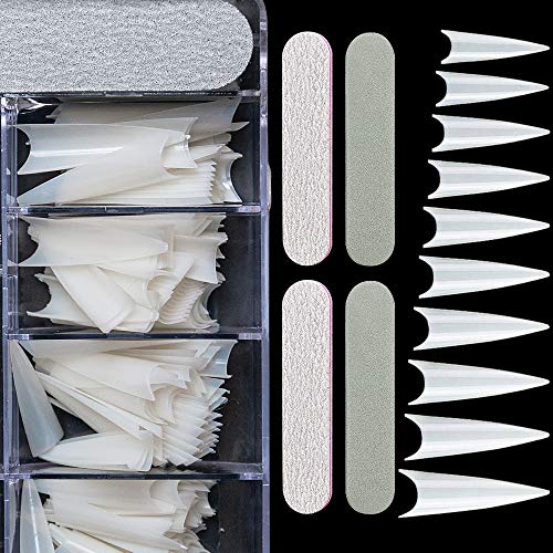 AORAEM 500PCS Long Stiletto Nail Tips Acrylic Natural False Nail Tips Kit Set 4PCS Nail Files with Box for Women