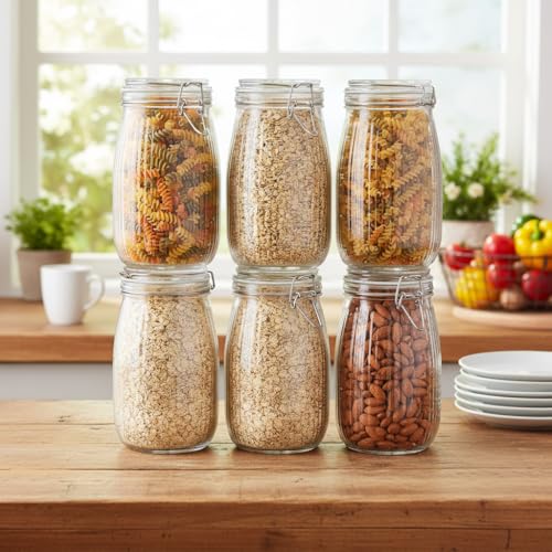 Image of ginoya brothers Lining Textured Airtight Glass Storage Jar with Clip Lock Lid - Kitchen & Pantry Organizer, Multiple Sizes For Dry Food, pickles, beans, cookies (6, 1500 ML)