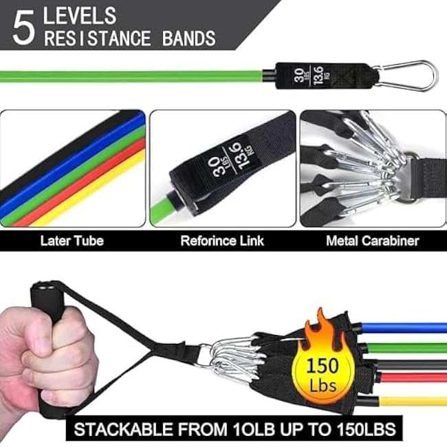 Resistance Bands Set, Exercise Bands, Work Out Bands with Handles, Up to 150lbs, Color Coded Exercise Bands, Exercise Guide, Storage Bag
