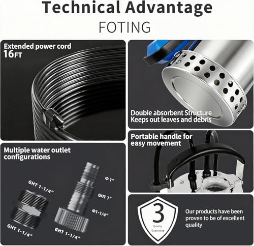 Image of FOTING Full 304 Stainless Steel Sump Pump with Float Switch - 1HP 4600GPH Automatic Submersible Water Pump Fast Water Removal in Pools, Basements, Sewage, Hot Tubs Heater Flush Pit, ponds w / 10FT Cord