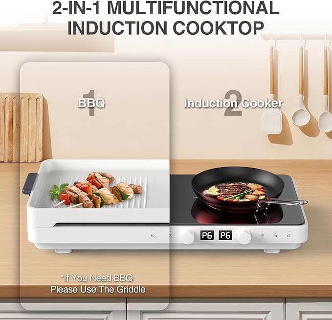 Image of ANHANE Induction Cooktop with Removable Cast Iron Griddle, 1800W Portable 2 Burner Electric Stove,110V Countertop Hot Plate for Indoor Grill,Steak & Pancake,Precision Temp Control,Timer & Child Lock