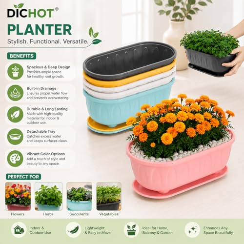 Image of Plastic Rectangle Round Corner Flower Pots with Drainage Hole Saucers Durable Outdoor Indoor Planters with Tray Plant Containers for Balcony, Garden, Home & Office (Set of 5 Multi)