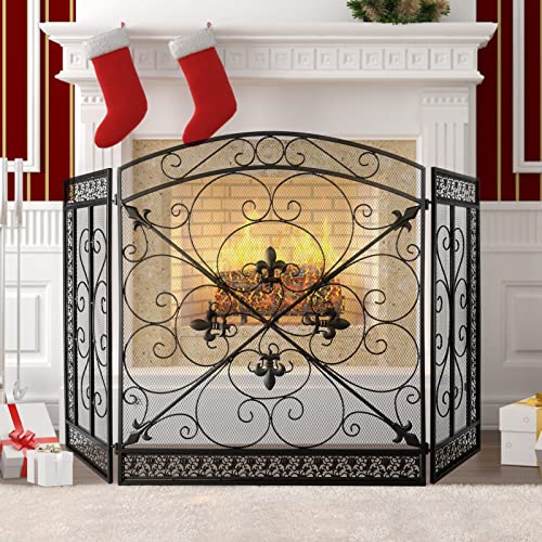 Image of WICHEMI 3 Panel Fireplace Screen for Fireplace Cover Fireplace Screens Stand Alone 52.4 x 31inch Wrought Iron Black Metal Spark Guard Fireguards Mesh Cover Fence Fire Place Standing Gate (Style 3)
