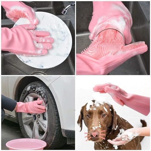 Image of Gloves Magic Silicone Dish Washing Gloves, Silicon Cleaning Gloves, Silicon Hand Gloves for Kitchen Dishwashing and Pet Grooming, Great for Washing Dish, Car, Bathroom (Multicolour, 1 Pair)