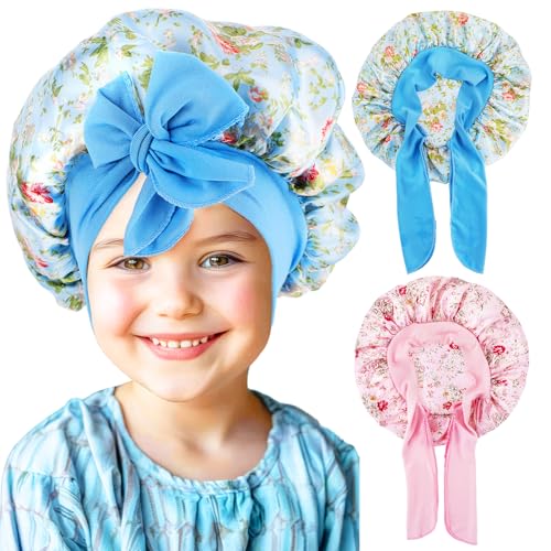 Ouligay 2 gorros de dormir para niños, gorro de satén, gorro de dormir para el pelo, gorro de dormir de noche, elástico, banda ancha, gorro de seda para dormir de satén para mujeres y niñas, carbón,