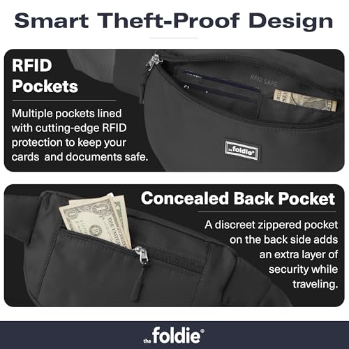 The Foldie Foldable Crossbody Bags for Women & Men - Anti-Theft RFID-Safe Fanny Pack with Smart Lockable Zippers and Cut-Resistant Strap - Lightweight Waist Pack for Travel & Everyday Use - Black