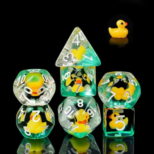 Cusdie Lot de 7 dés DND polyédriques remplis d'animaux pour Jeu de rôle Donjons et Dragons D&D et MTG Pathfinder - Canard Jaune