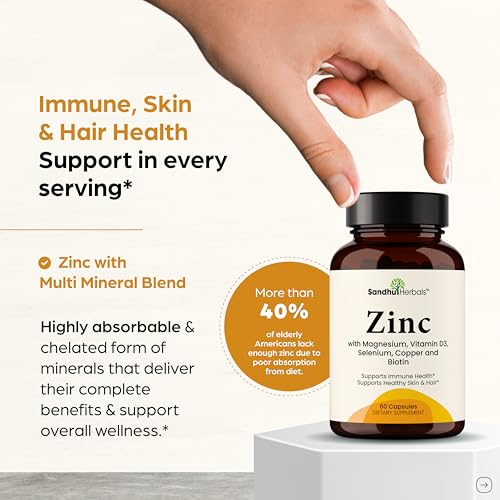 Image of Zinc 30mg with Copper, Selenium & Vitamin D3 | 60 Capsules | Magnesium, Vitamin B6, Biotin Complex | Absorbable Chelated Zink Supplements for Men & Women | for Hair, Skin, Nails & Immune Support