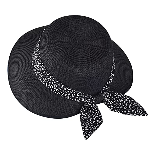 Straw Sun Hat for Women Summer Beach Wide Brim UV Protection Hats with Chin Strap Leopard Black Floppy Foldable Packable Ladies Fashion Cute Travel UPF 50 Cap sombreros de playa para mujer para el sol