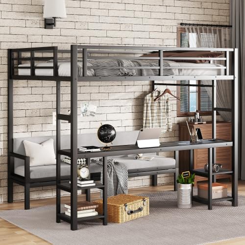 Harper & Bright Designs Metal Bunk Bed Multiple Uses Folds into Sofa, Queen Over Twin XL Bunk Bed with Desk and Shelves, Metal Loft Bed Frame with LED and USB, Black