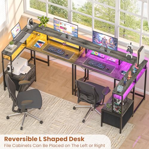 Homieasy-Small-Computer-Desk-with-File-Drawer-Cabinet-L-Shaped-Office-Desk-with-Printer-Stand-Monitor-Stand-39-Inch-Gaming-Desk-with-Power-Outlets-Led-Light-Storage-Bag-Hanging-Hooks-Black-Oak