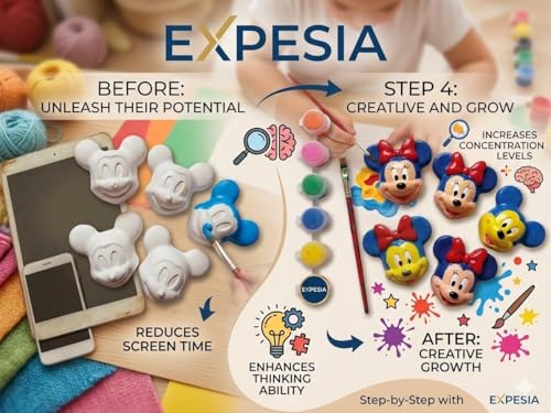 Image of EXPESIA Paint Your Own Figurine Kit for Kids - DIY Ceramic Painting Craft Set with Paints & Brush, Creative Arts and Crafts Activity, Birthday Return Gift, Educational Hobby Kit for Boys & Girls (Made in India (Cartoon Micky)