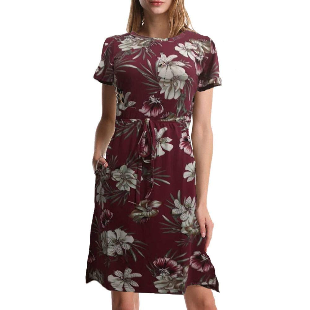 Women's MiDi Dress O Neck Short Sleeve Casual Summer Dress with Elastic Waist and Side Pockets
