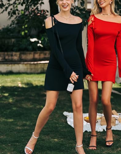 HYPERFIRE Women's Shoulder Tie Long Sleeve Asymmetrical Dress Boat Neck Cocktail Mini Dresses4