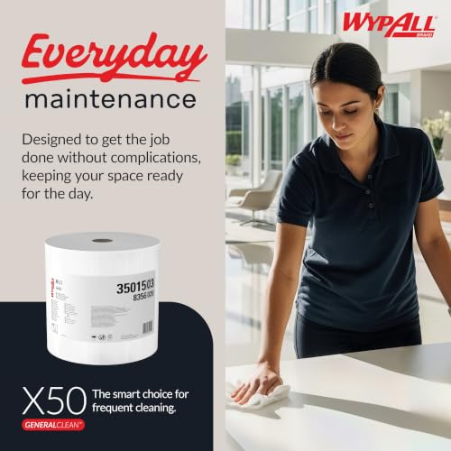 Image of WypAll GeneralClean X50 Cloths Cleaning Wipes (35015), Jumbo, Strong Towels for Extended Use, White (1 Roll of 1,100 Sheets, 1,100 Sheet Total)