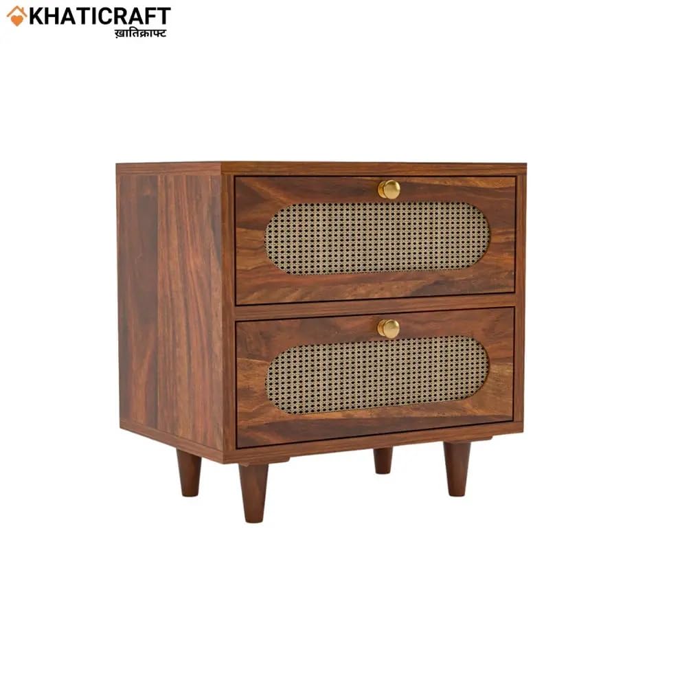 Image of Solid Sheesham Wood Rukm Bedside Table with 2 Storage Drawer | Wooden Bedside End Tables, Bed Side Nightstand Lamp Table for Room Furniture, Bedroom, Home & Hotels (Honey Finish)