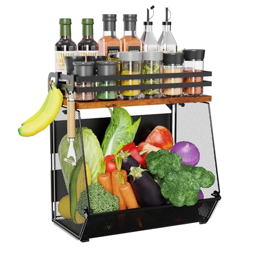 Magnetic Shelf for Fridge with Wood Lid - Magnetic Spice Rack for Refrigerator， Mesh Design Large Shelf Basket, Shelves  - Detailed View