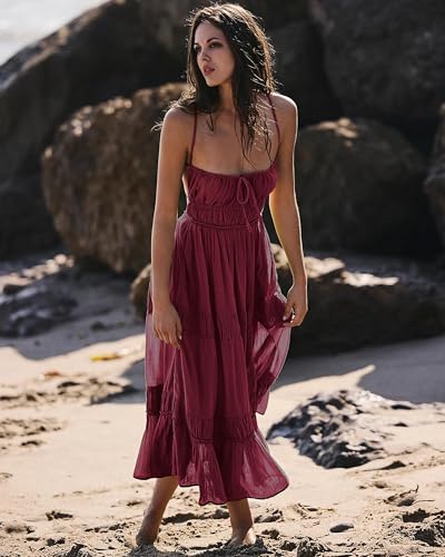 Image of VIUTIL Women Backless Flowy Dress Strap Tiered Long Dresses Summer Beach Sexy Vacation Sundress with Pockets Clothes 2026, (Burgundy, Medium)