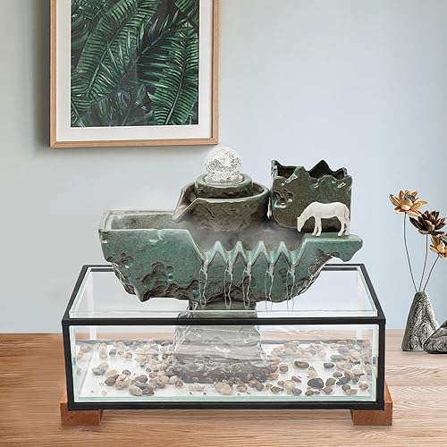 Tabletop Eco Fish Tank Water Fountains, LED Light Indoor Water Fountains with Mist Fake Plants Zen Feng Shui Water Fall Decor Ideal for Meditation Home Decor Good Luck Wealth