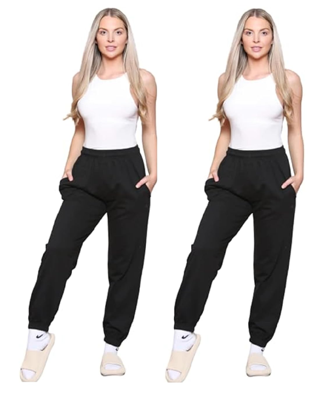 Towelbay 2 Pcs Womens Ladies Jogging Bottoms Loose Joggers Sweatpants Trousers Pockets Casual Jog Pants Sports Gym Yoga Joggers UK Sizes 6-14 (Black, XL (14))