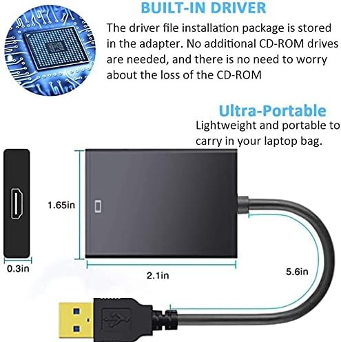 Hakdsy USB to HDMI Adapter, USB 3.0/2.0 to HDMI Cable Multi-Display Video Converter- PC Laptop Windows 7 8 10,Desktop, Laptop, PC, Monitor, Projector, HDTV