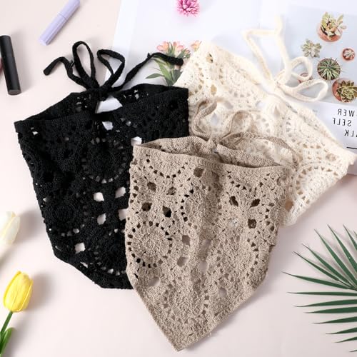 3Pcs Crochet Bandanas Headbands Hair Accessories, Triangle Crochet Head Scarf, Hollow Knitted Floral Headscarf Vintage Head Kerchief for Women Girls Decor (Black, Beige, Gray)3