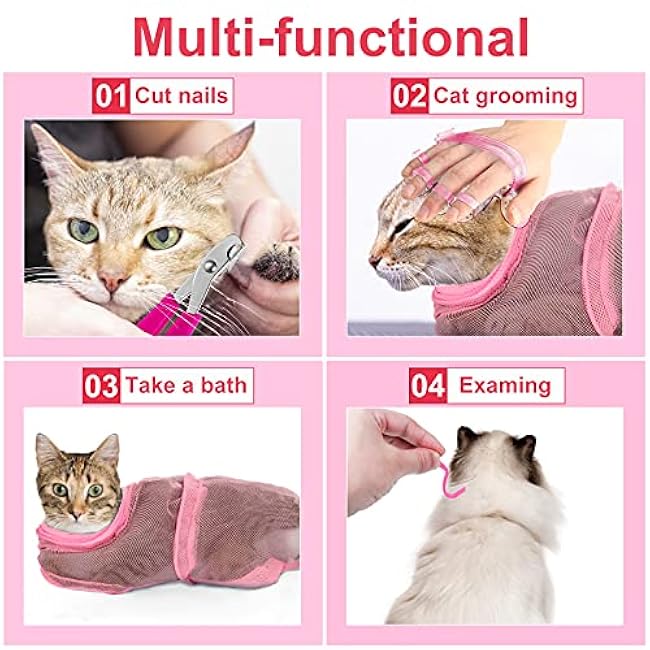 Patelai 5 Pcs Cat Bathing Bag Set Cat Grooming Bag Adjustable Pet Shower Net Muzzles Nail Clipper Tick Remover Tool Massage Brush(Pink)-FNyQes4g