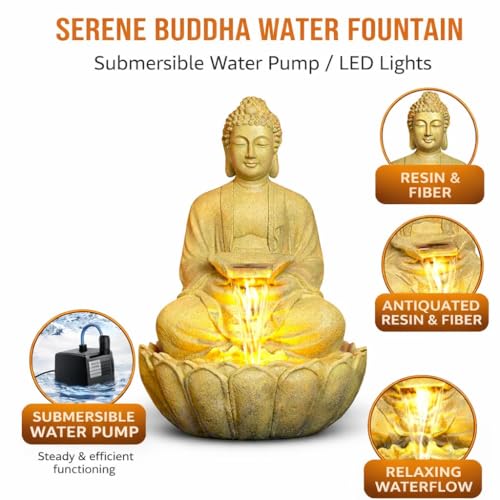 Image of 3 Feet Kamal Buddha Water Fountain for Home & Garden|Fiber Buddha Fountain with LED Light|Indoor Outdoor Fountain for Vastu & Positivity (Royal, 3 Feet Kamal Buddha Fountain)