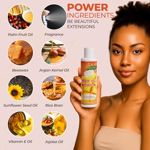 Image of Body oil designed for Deep Hydration to nourish, protect, and rejuvenate the skin while leaving it with a soft, radiant glow and a candy mango scent long -lasting fragrance, jojoba oil and more 6.76oz