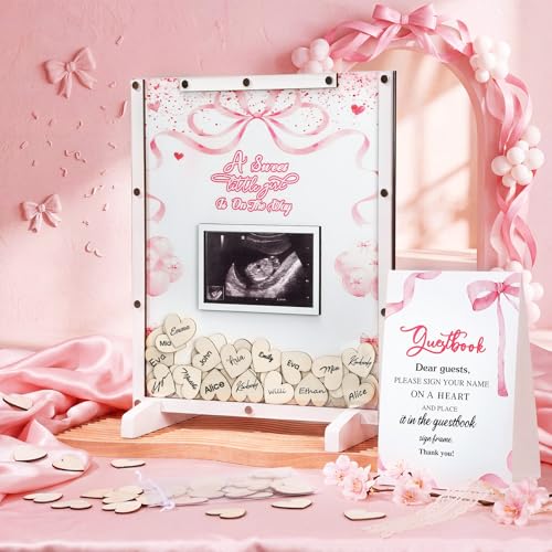 Image of Beeveer 65 Pcs Pink Bow Baby Shower Guest Book Alternatives Coquette Baby Shower Sign in Guest Book Decoration Pink Bow Decorations with Photo Frame and 60 Wood Heart Slices Keepsakes Gifts for Guests