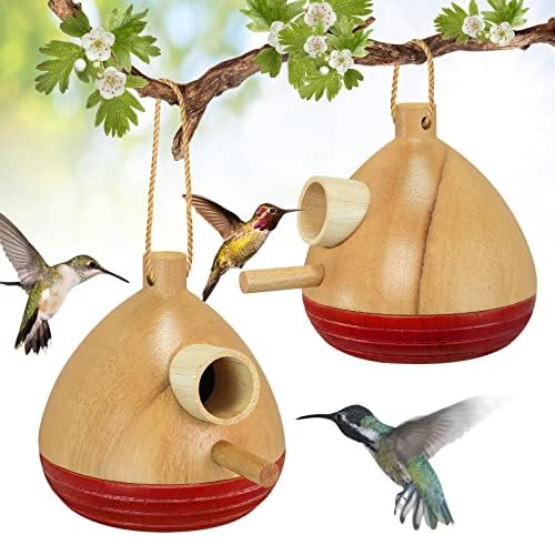 2 Pack Hummingbird House, Wooden Bird Houses for Outside Humming Bird Box for Nesting, Hanging Chickadee Box for Indoor Outdoor