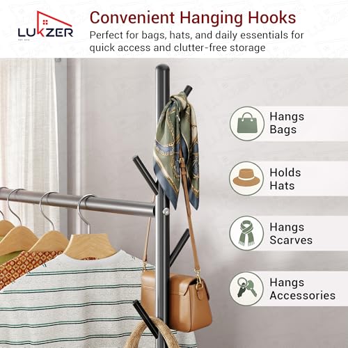 Image of Lukzer | MGR-004 | Black | Metal Cloth Stand & Garment Organizer with Wheels, 2 Bottom Shelves & Mesh Base - Freestanding Coat Rack for Bedroom, Laundry, Office & More | 173 x 110 x 35 cm