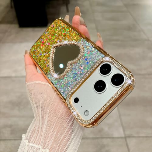 Coque luxe miroir cœur diamant pour iPhone 17 or dégradé brillant
