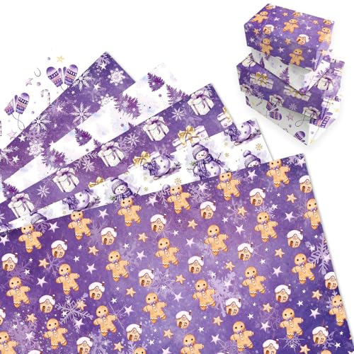MORAINJAY 12 Sheets Wrapping Paper Christmas Purple Santa 2025 Christmas Tree Wrapping Paper Xmas Snowman Gingerbread Man Gift Wrap for Girls Winter Birthday Festival Kids Gift Wrap 68x50cm