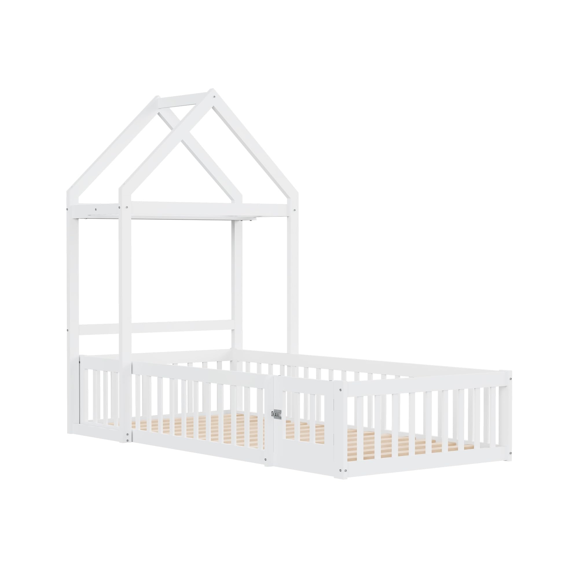 Merax Kinderbett 90x200 Cm Bodenbett Mit Haus-Design & Schutzgitter