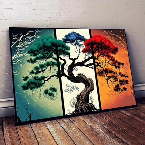 Peinture sur toile arbres tricolores pour rompre la monotonie d'un grand mur blanc sans relief