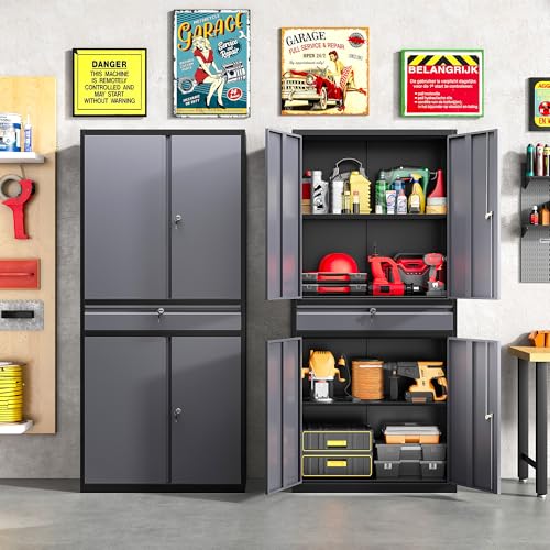 Image of Metal Storage Cabinet with Doors and Shelves,Garage Storage Cabinets with Lock and Drawer,Metal Cabinet with Locking Doors,4 Door Steel Cabinet,71 inch Tall Lockable Cabinets for Garage,Home,Office