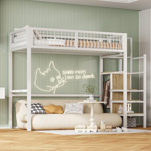 Lubvtti Cama alta 90 × 200 cm, cama infantil con escalera de seguridad, armario con estructura de hierro y estante de almacenamiento, color blanco (sin colchón)
